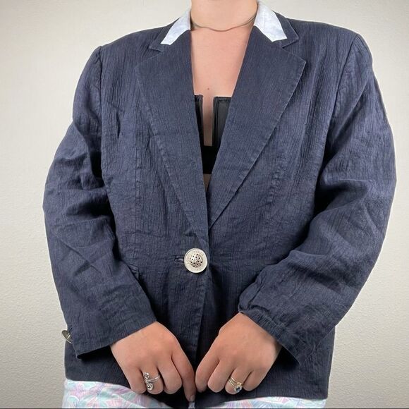 Vintage Women’s Louis Feraud Navy Blue Linen Blazer Sz L - Picture 6 of 11
